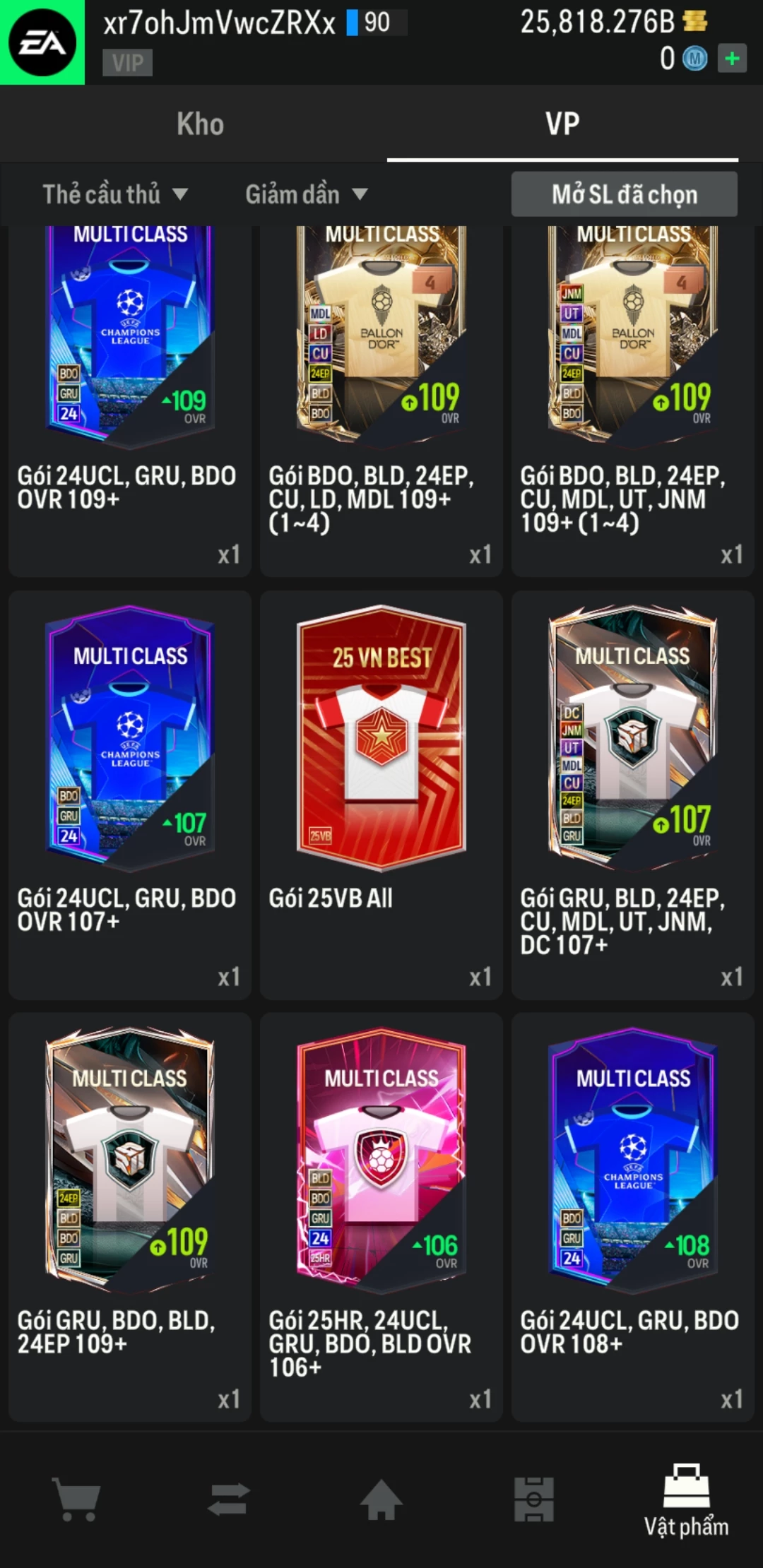Ảnh ACC mở thẻ (LOẠI SVIP PLUS) gồm 600+ đến 800+ thẻ cầu thủ từ Siêu sao đến Miền núi các loại. Có sẵn BP trắng từ 22.000 tỷ BP đến 27.000 tỷ BP